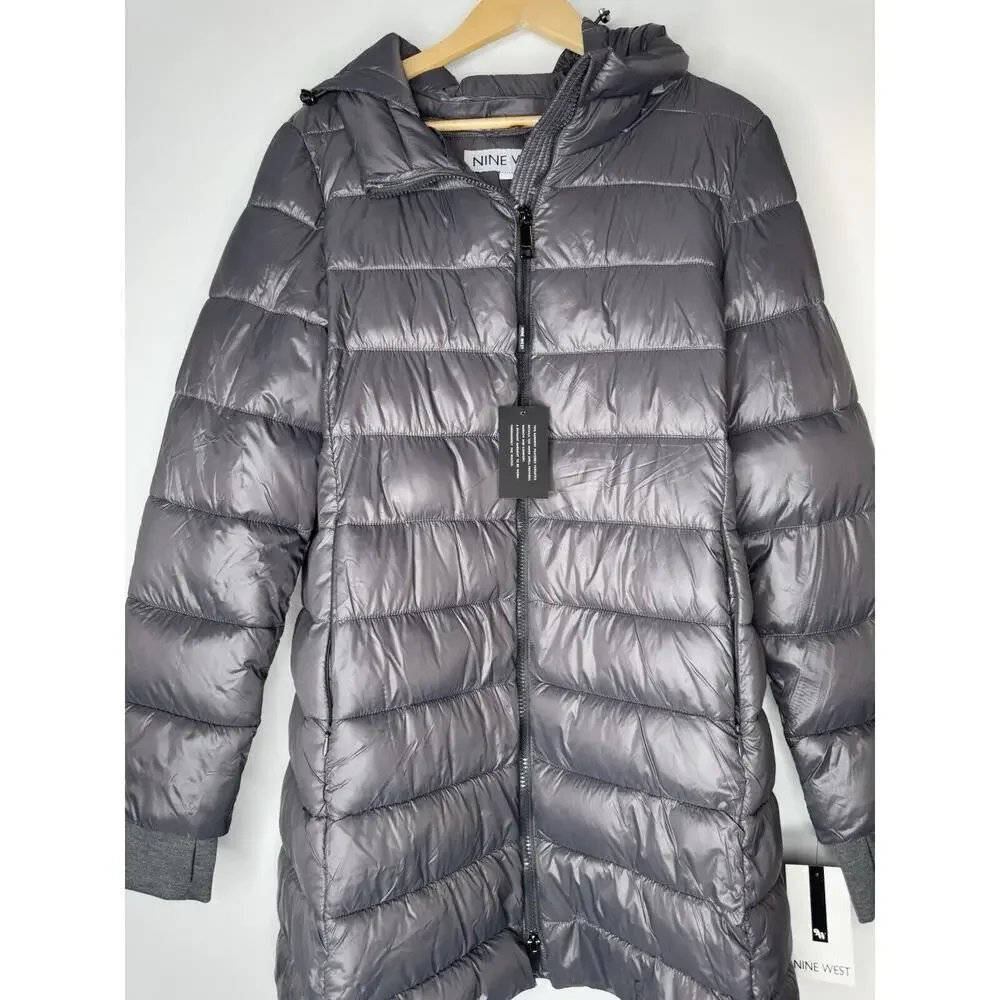 NINE WEST WOMENS HOOD PUFFER COAT NYLON QUILTED WATER/WIND RESIST PARKA JACKET M - Picture 2 of 7